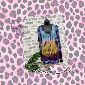 Raya Sun Tie Dye Hooded Long Sleeve T-Shirt Purple Turquoise Gold Size Large NWO